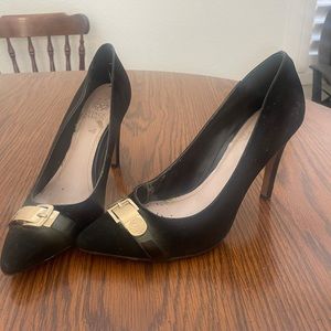 Vince Camuto Black Suede Pointed Toe Heels with Gold Buckle Sz 8 1/2